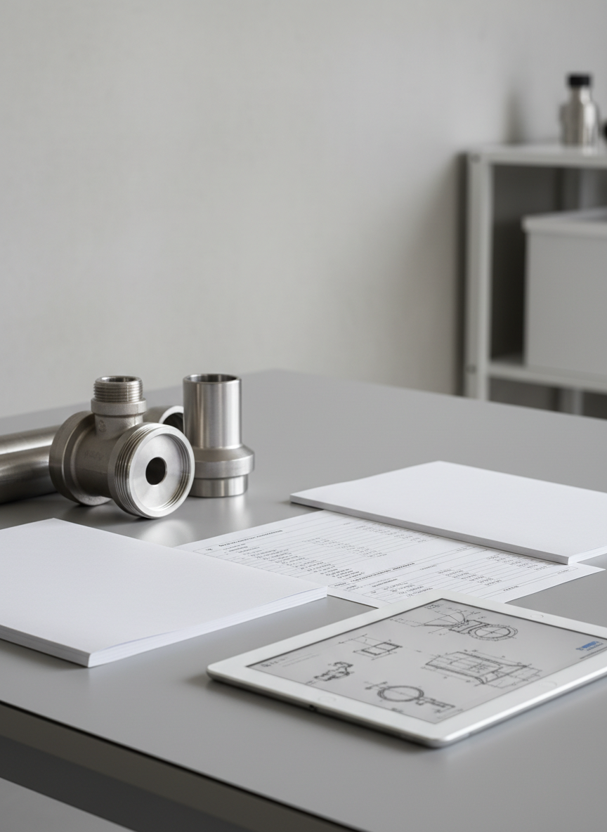 Primer plano fotográfico de una mesa de diseño industrial en acabado gris suave, donde se exhiben ordenadamente varios catálogos impresos sin texto visible, fichas técnicas con diagramas esquemáticos y una tableta mostrando planos técnicos abstractos. A un lado, conectores metálicos, tramos de tubería y una válvula robusta de acero cepillado aportan textura y volumen. La luz es blanca y uniforme, tipo estudio, proveniente de la izquierda, generando reflejos controlados sobre las superficies metálicas y sombras suaves. Fondo ligeramente desenfocado con sugerencia de pared de concreto claro y estantería minimalista, creando una atmósfera sobria, precisa y corporativa, ideal para un portal industrial B2B enfocado en especificaciones y solicitudes de cotización, sin sensación de retail.