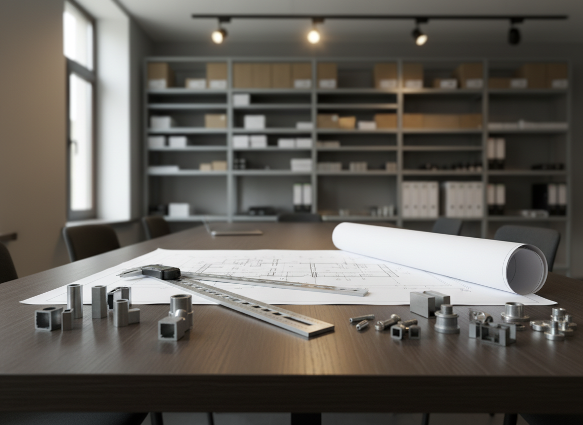 Escena fotográfica de una sala de especificación de proyectos: una mesa amplia de madera oscura con acabado mate sostiene un gran plano arquitectónico extendido, reglas metálicas, un calibrador digital y un grupo de muestras de materiales industriales como perfiles metálicos, secciones de tubería y piezas de fijación. En la parte trasera se distinguen anaqueles modulares grises llenos de cajas técnicas y carpetas de proyectos, ligeramente fuera de foco. Luz natural suave entra por una ventana alta lateral, combinada con iluminación puntual cálida en el techo, creando un ambiente serio y concentrado. Tomada desde un ángulo oblicuo a nivel de mesa, la composición sugiere un espacio donde se analizan especificaciones y se preparan solicitudes de cotización, sin elementos de venta al detalle.