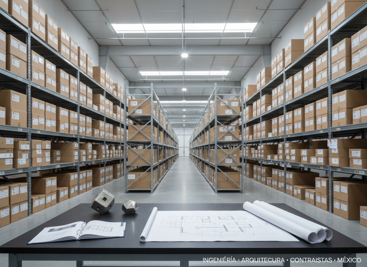 Vista general de un amplio almacén industrial moderno con estanterías metálicas perfectamente alineadas, cargadas de cajas neutras que sugieren productos industriales diversos. En el frente, una mesa de trabajo gris antracita sostiene carpetas técnicas abiertas, planos impresos y un par de muestras metálicas bien iluminadas. La escena está bañada por luz natural difusa que entra por claraboyas altas, complementada por iluminación LED fría del techo, creando un ambiente nítido y profesional. Composición fotográfica realista a nivel de horizonte, con profundidad de campo moderada que mantiene nítidos tanto el primer plano técnico como el horizonte de racks, transmitiendo orden, precisión y un contexto B2B enfocado en ingeniería, arquitectura y contratistas en México.