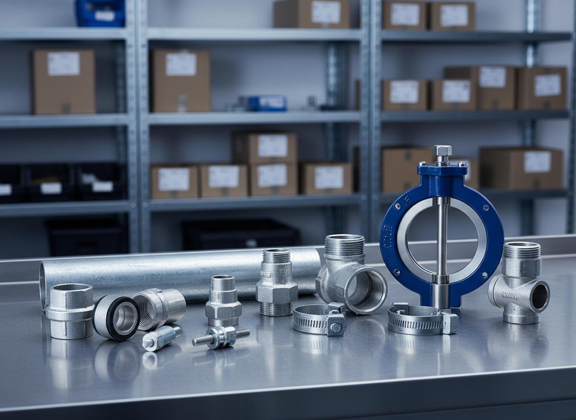Conjunto fotográfico de productos industriales sobre una superficie de trabajo de acero inoxidable: un tramo de tubería galvanizada, uniones roscadas, abrazaderas robustas y una válvula de mariposa de cuerpo azul y disco metálico brillante. Cada pieza muestra texturas detalladas de metal, juntas y mecanizado. El entorno es un taller limpio con fondo desenfocado de estanterías grises y cajas sin marcas. Iluminación lateral fría tipo nave industrial, con un toque de luz superior que resalta bordes y volúmenes, generando reflejos nítidos y sombras definidas. Composición en ángulo ligeramente elevado, con énfasis en la alineación y orden de las piezas, transmitiendo confiabilidad, calidad técnica y un enfoque profesional para ingenieros y contratistas que buscan productos específicos por desempeño y ficha técnica.